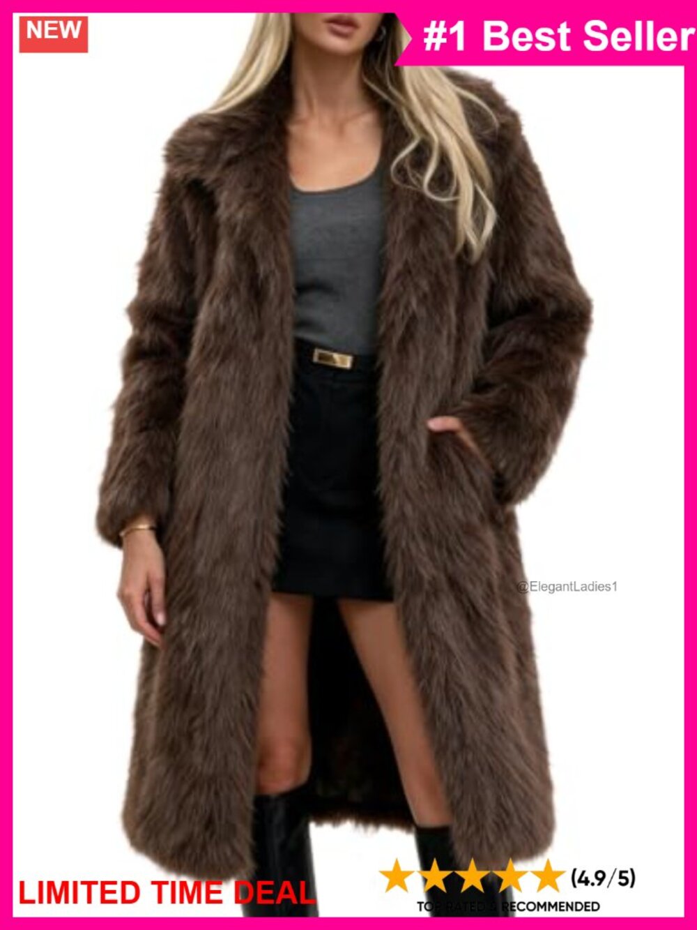 Faux Fur Long Fluffy Shaggy Warm Winter Coat Lapel Snap Pockets